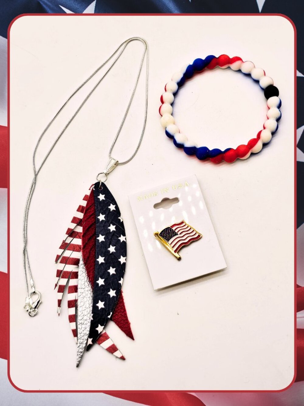 Patriotic Jewelry Lot Leather Feather Necklace Bracelet Flag Pin